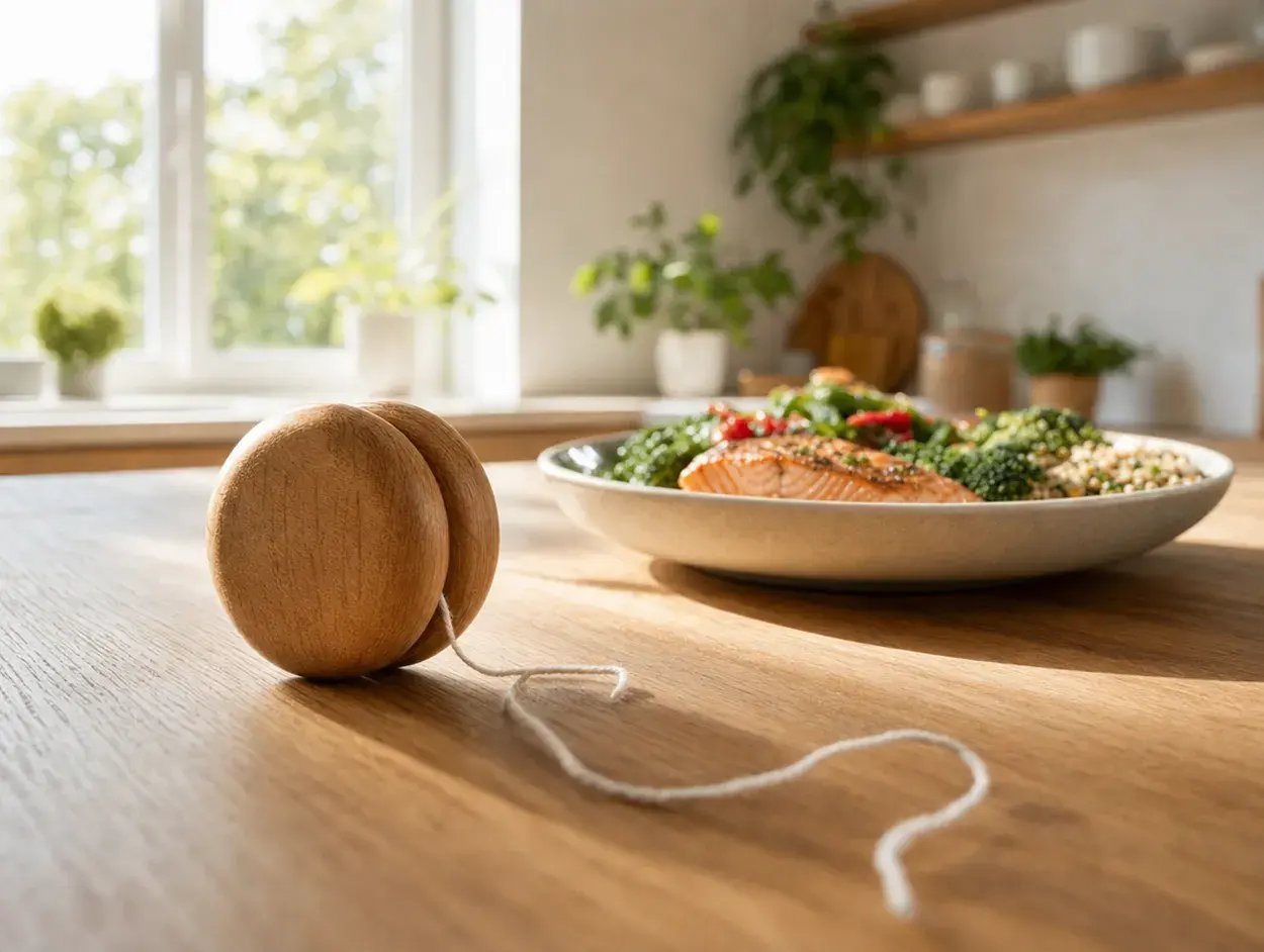 Holz-Jojo neben Schale mit Lachs, Brokkoli und Quinoa als Symbol für den Jo-Jo-Effekt beim Abnehmen