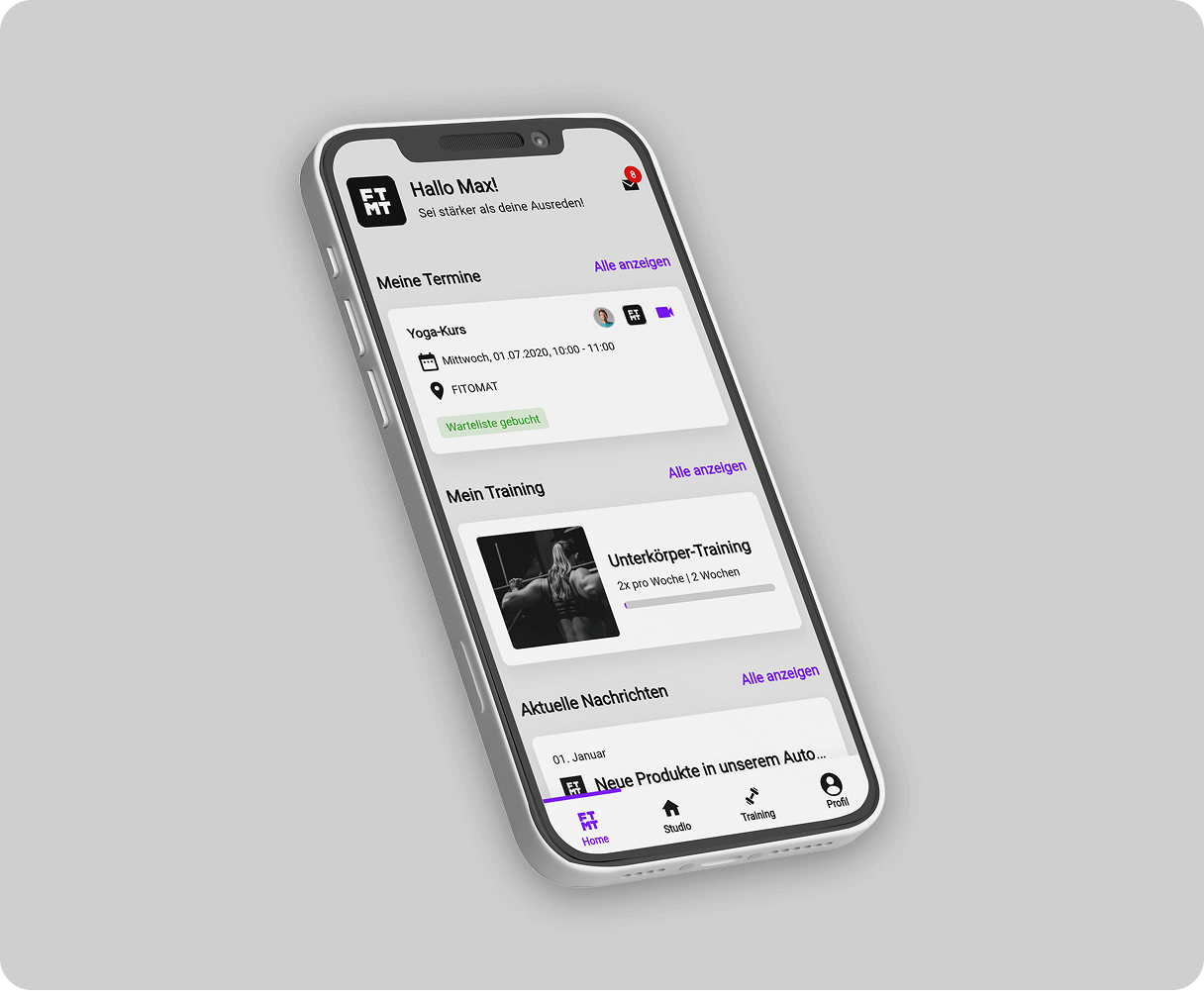 Smartphone mit geöffneter FITOMAT-App zeigt Trainings- und Terminübersicht.